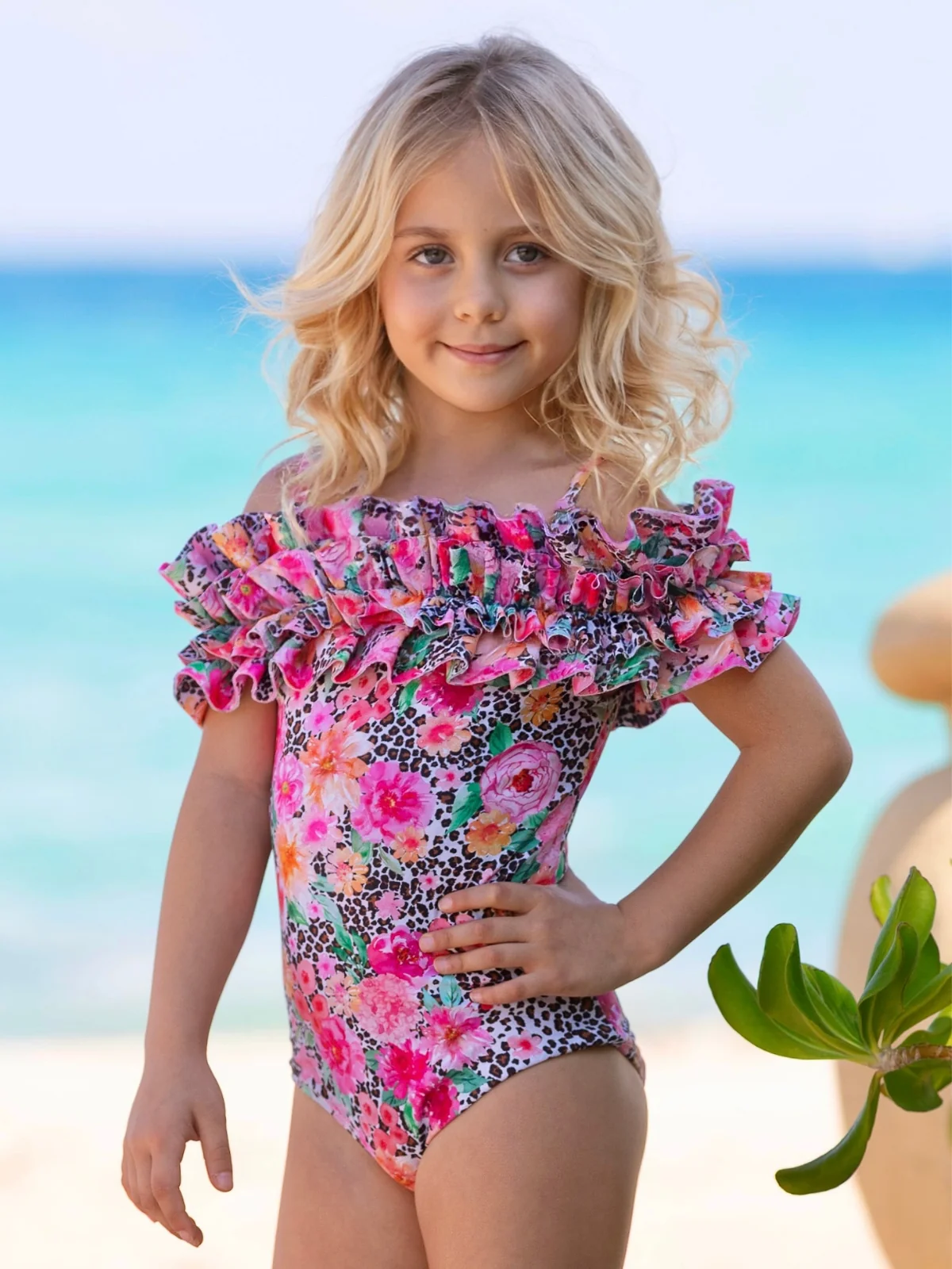 Mommy and Me Leopard Ruffle Shoulder One Piece Swimsuit - Image 5