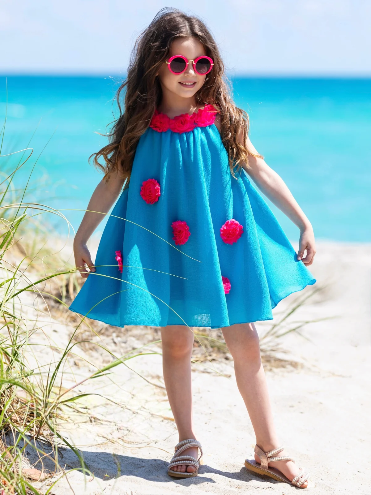 Ocean Bloom Teal Halter Dress - Image 3