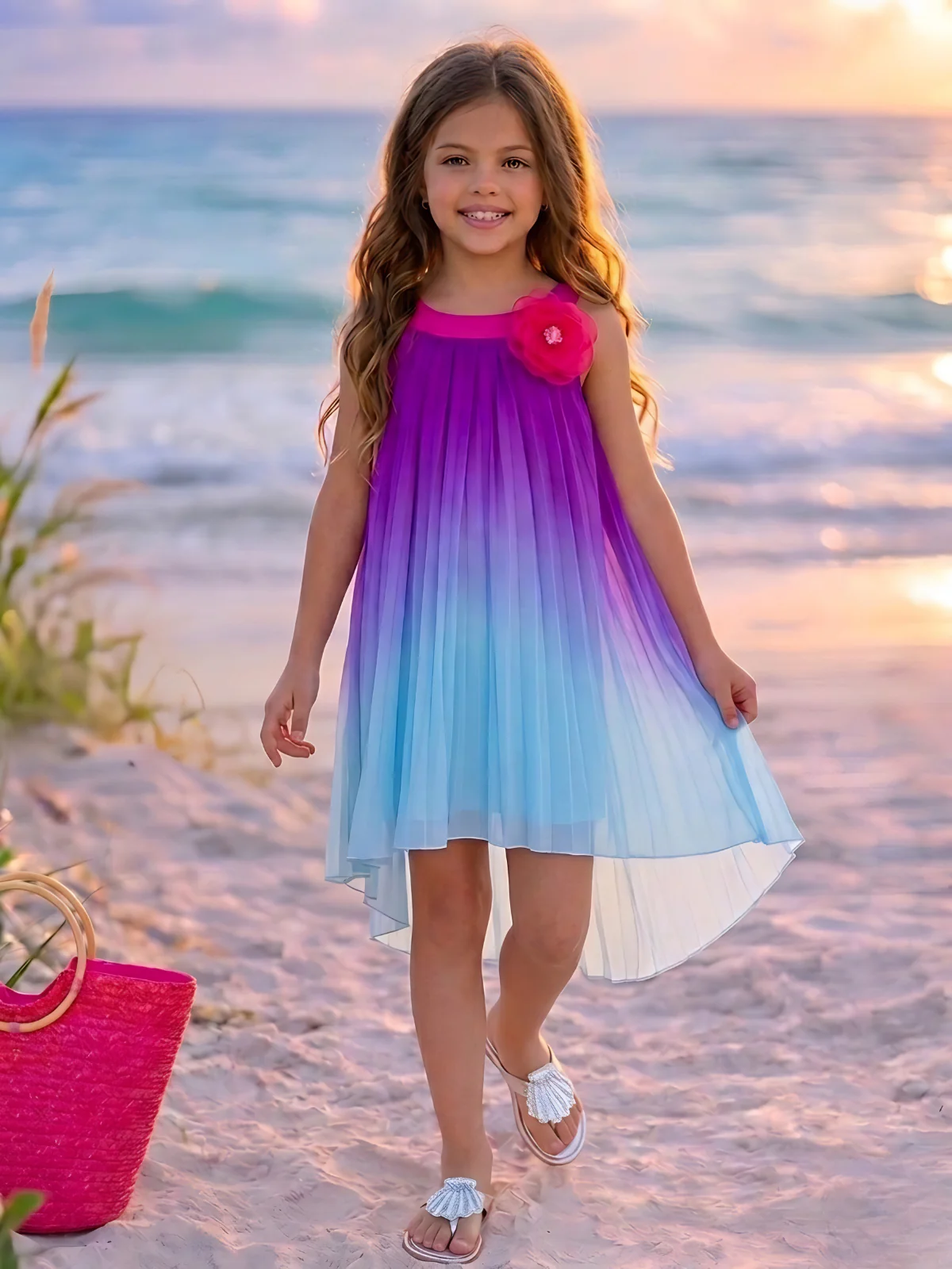 Ocean Sunset Ombre Pleated Hi-Lo Dress