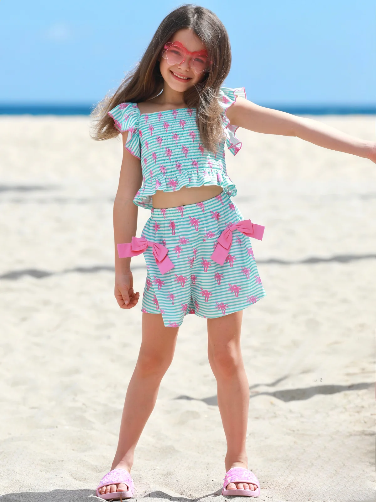 Palm Pop Smocked Ruffle Top and Bow Short Set - Image 4