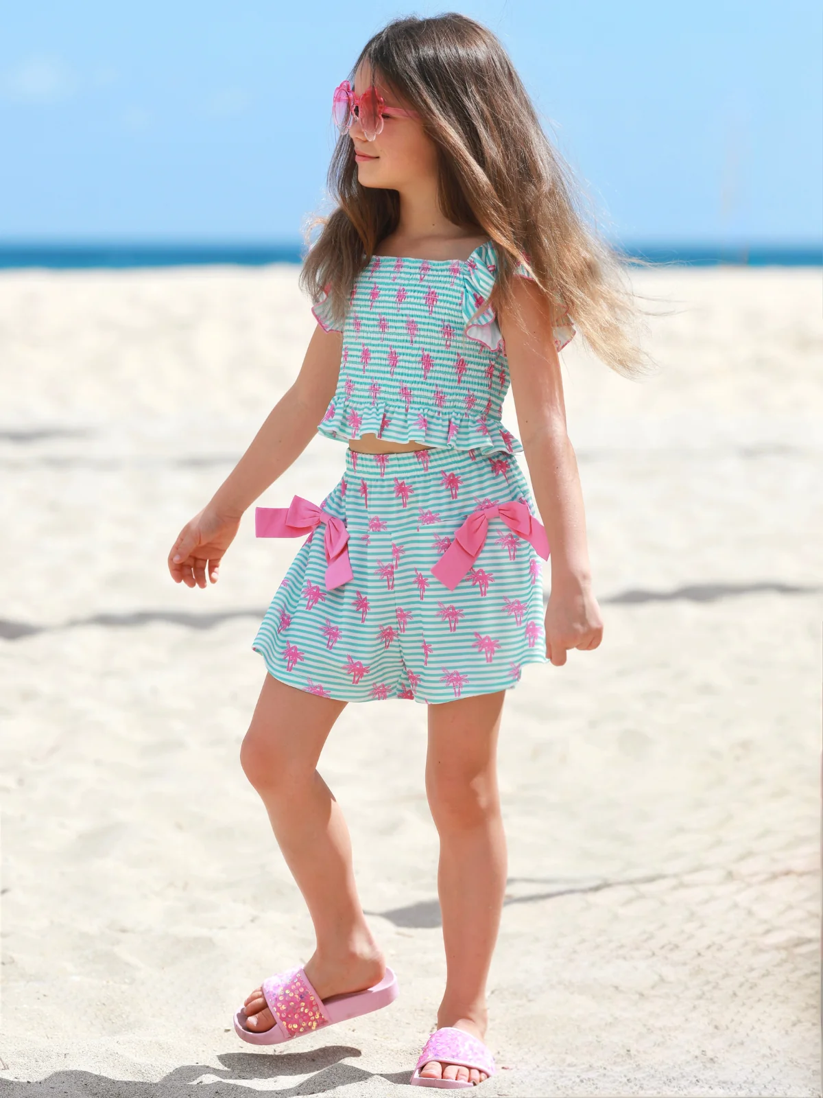 Palm Pop Smocked Ruffle Top and Bow Short Set - Image 6