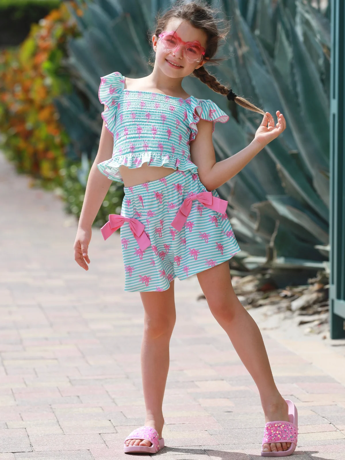 Palm Pop Smocked Ruffle Top and Bow Short Set - Image 7