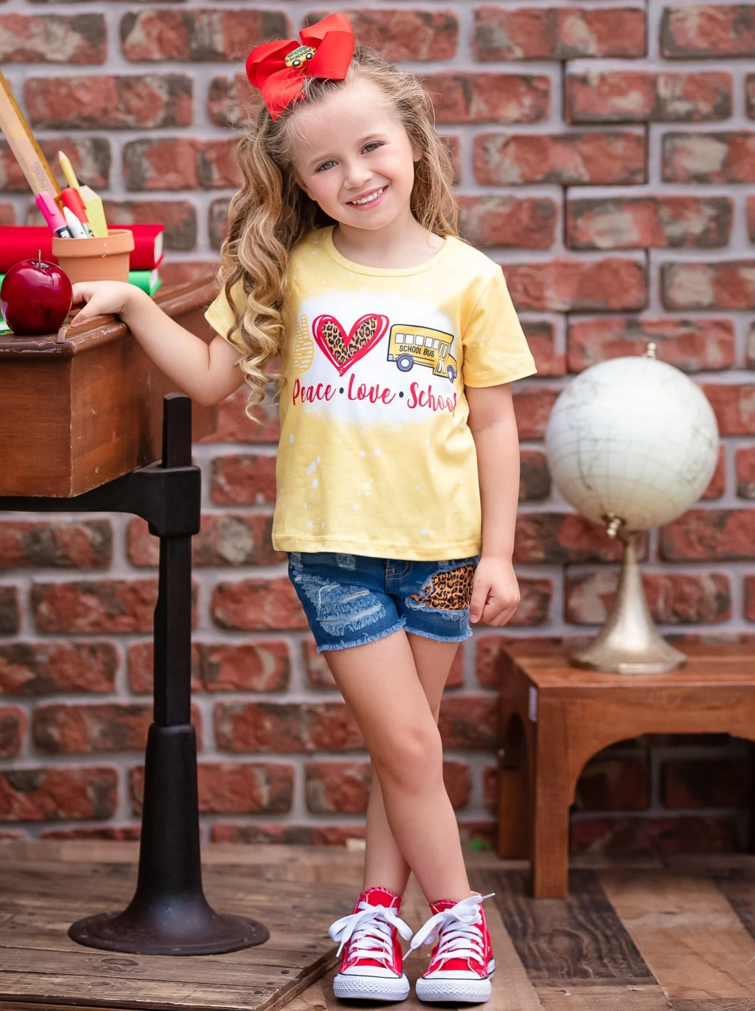 Peace, Love, School Leopard Patched Denim Short Set