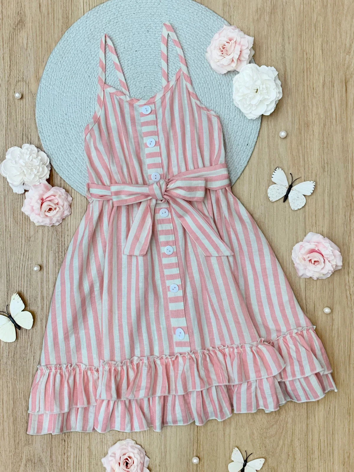 Pink Candy Stripe Button-Up Linen Ruffle Dress - Image 3