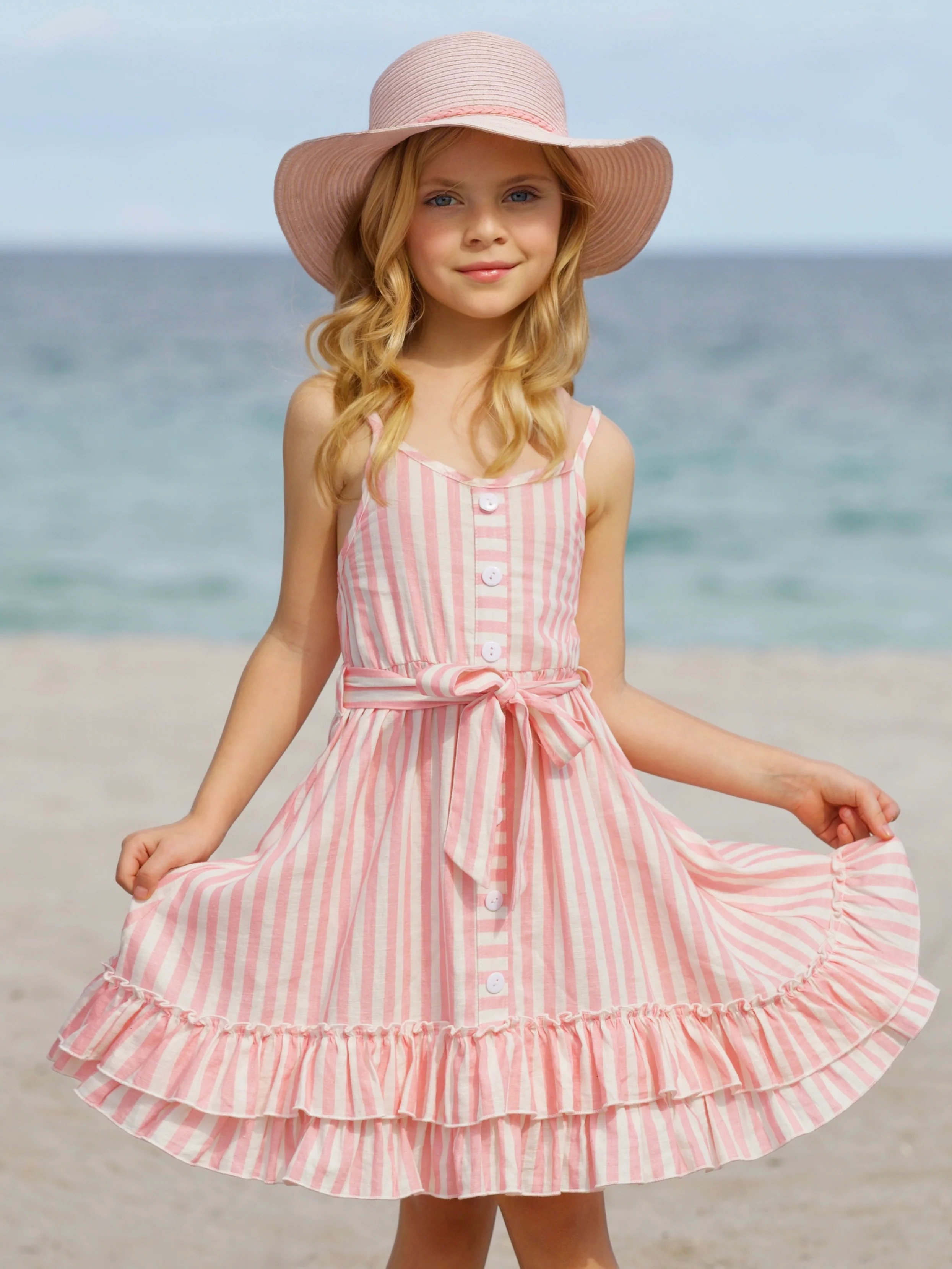 Pink Candy Stripe Button-Up Linen Ruffle Dress - Image 4