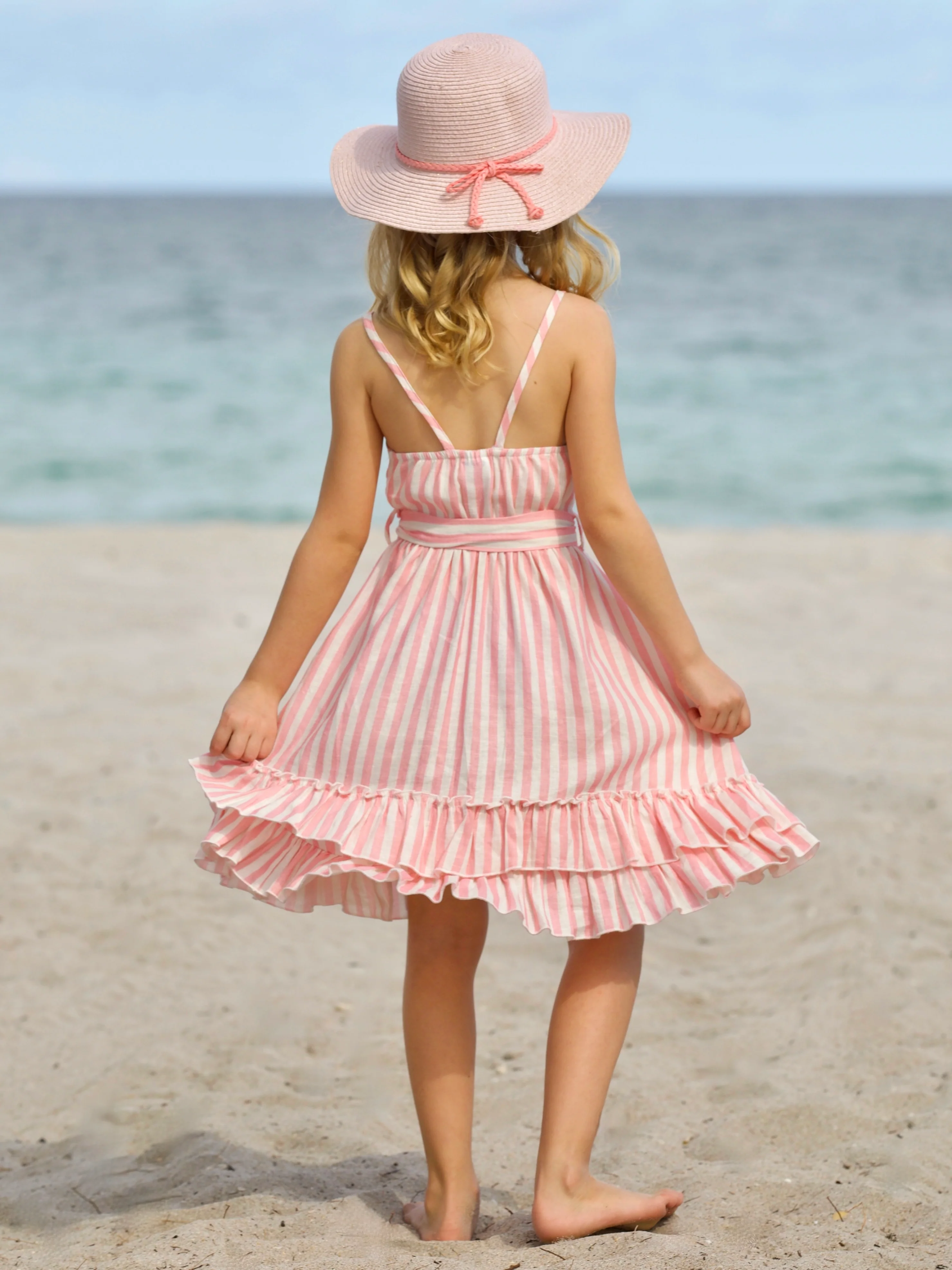 Pink Candy Stripe Button-Up Linen Ruffle Dress - Image 5
