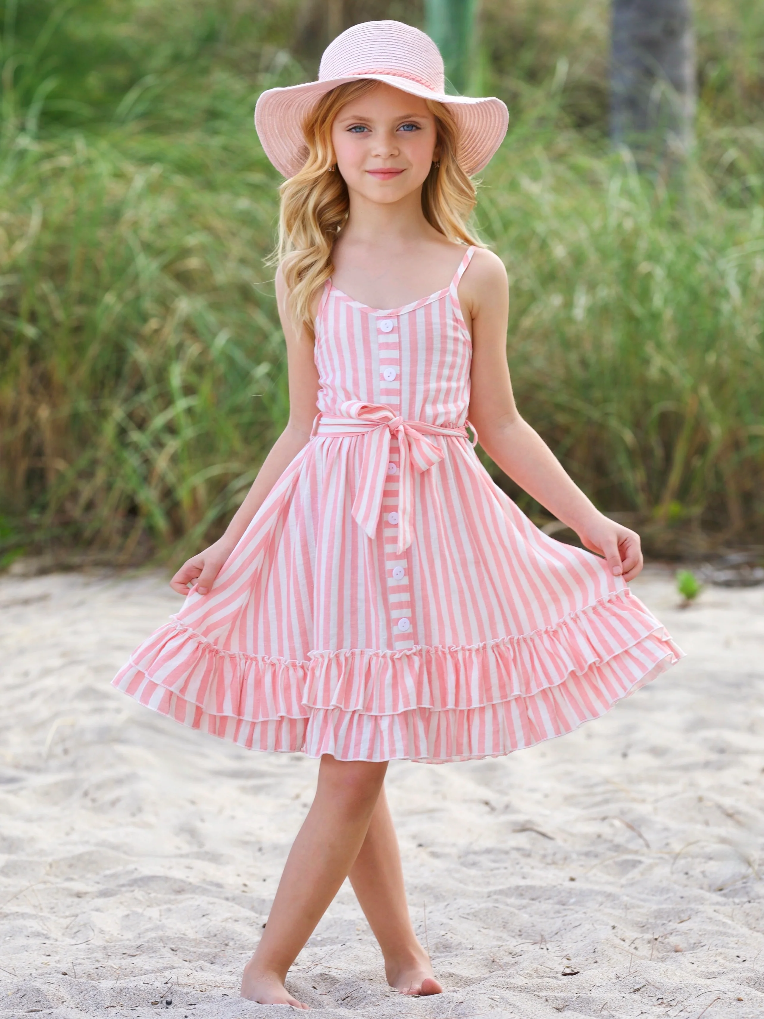 Pink Candy Stripe Button-Up Linen Ruffle Dress - Image 6
