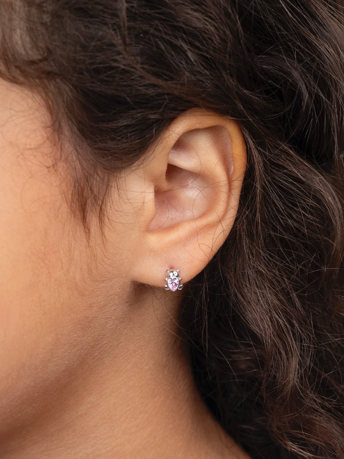 Girls Premium Sterling Silver Pink Teddy Bear Stud Earrings - Image 2