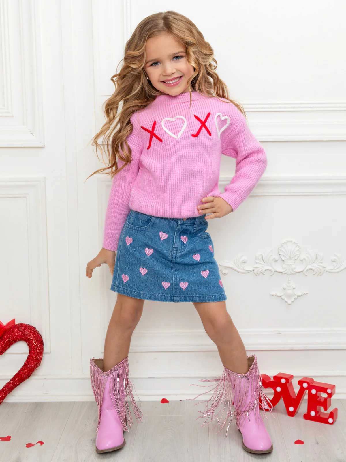 XOXO Embroidered Pink Sweater and Denim Skirt Set
