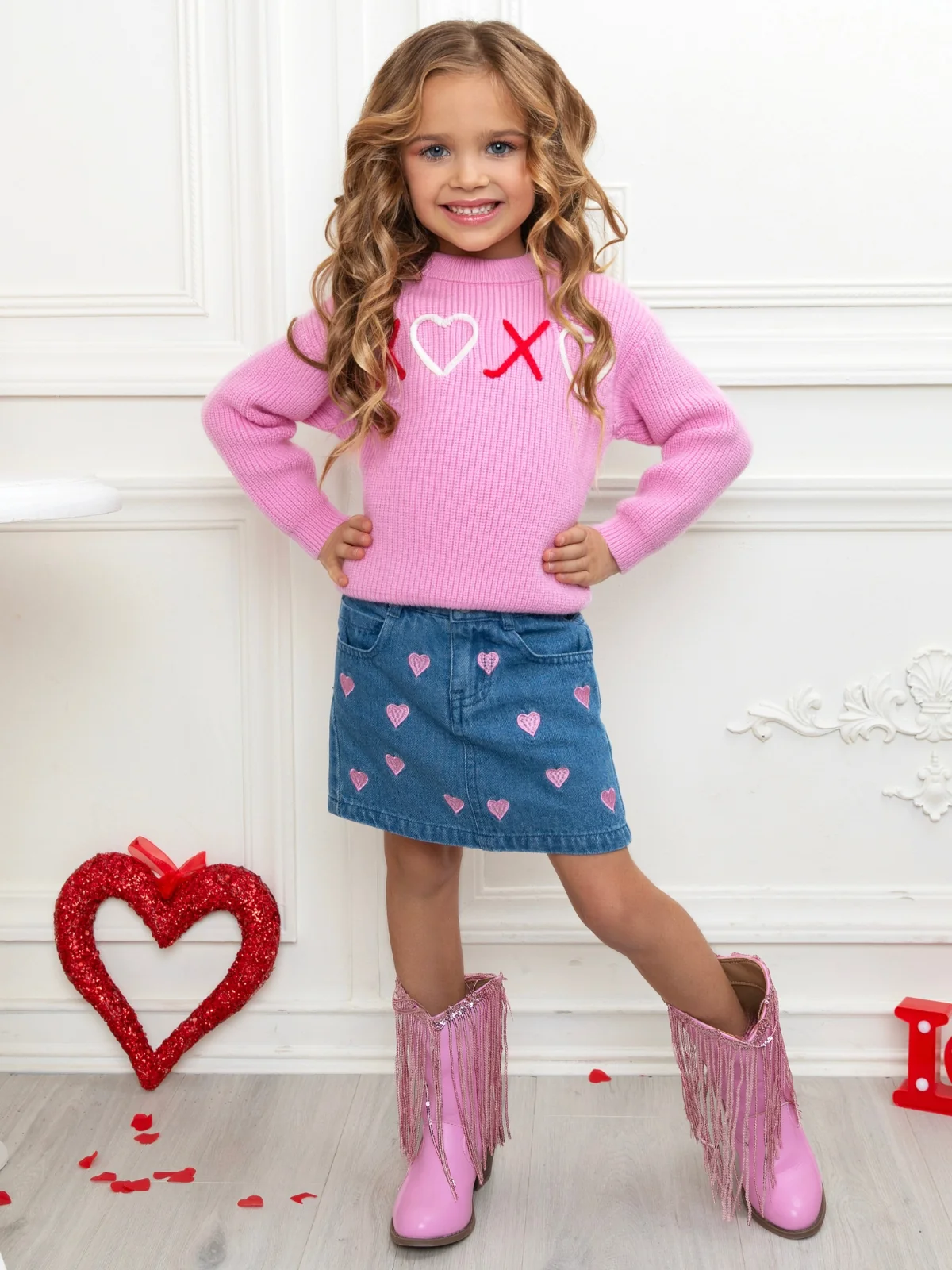 XOXO Embroidered Pink Sweater and Denim Skirt Set - Image 5