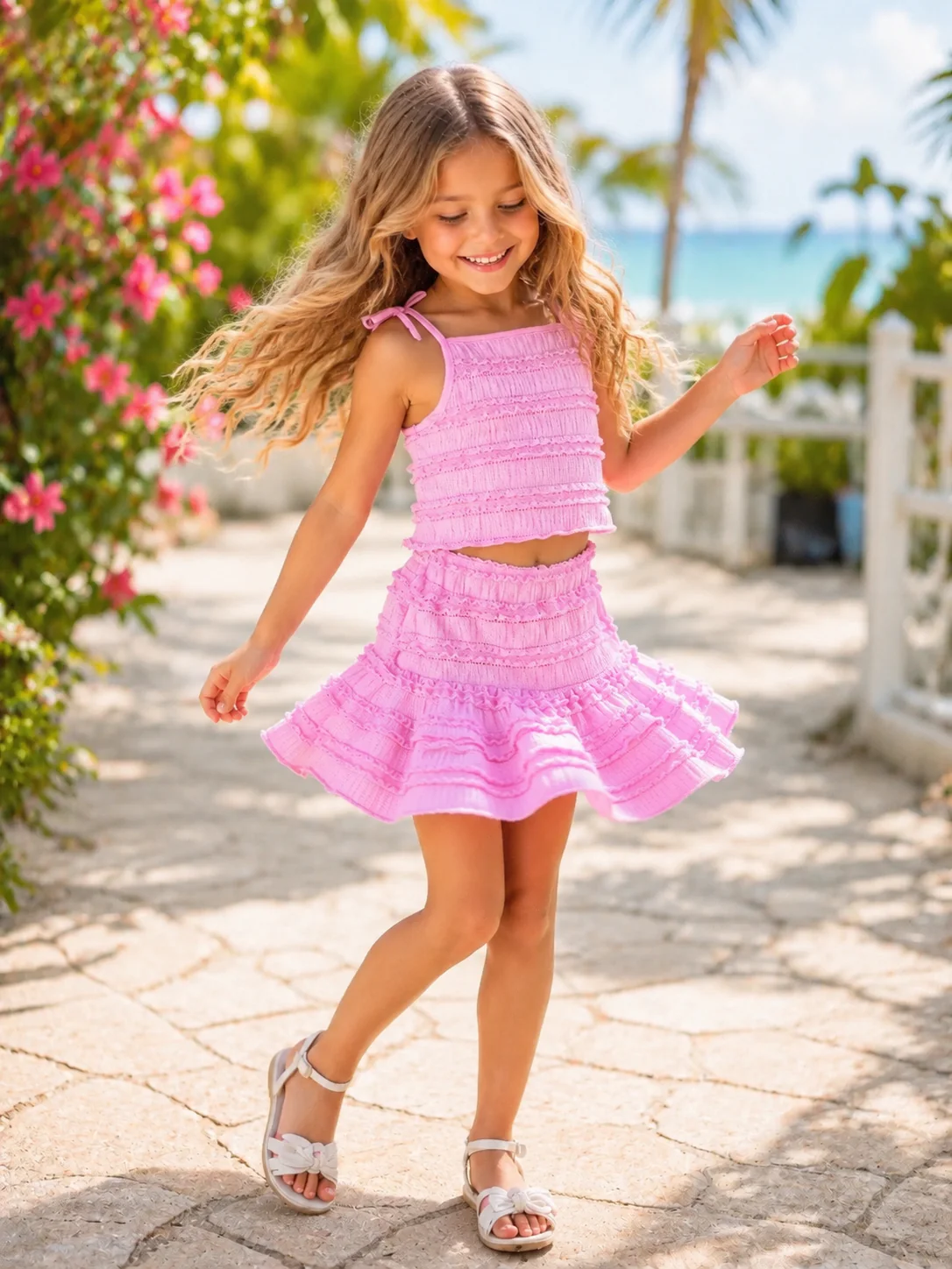 Rosy Ruffle Tie Top and Tiered Skirt Beach Set