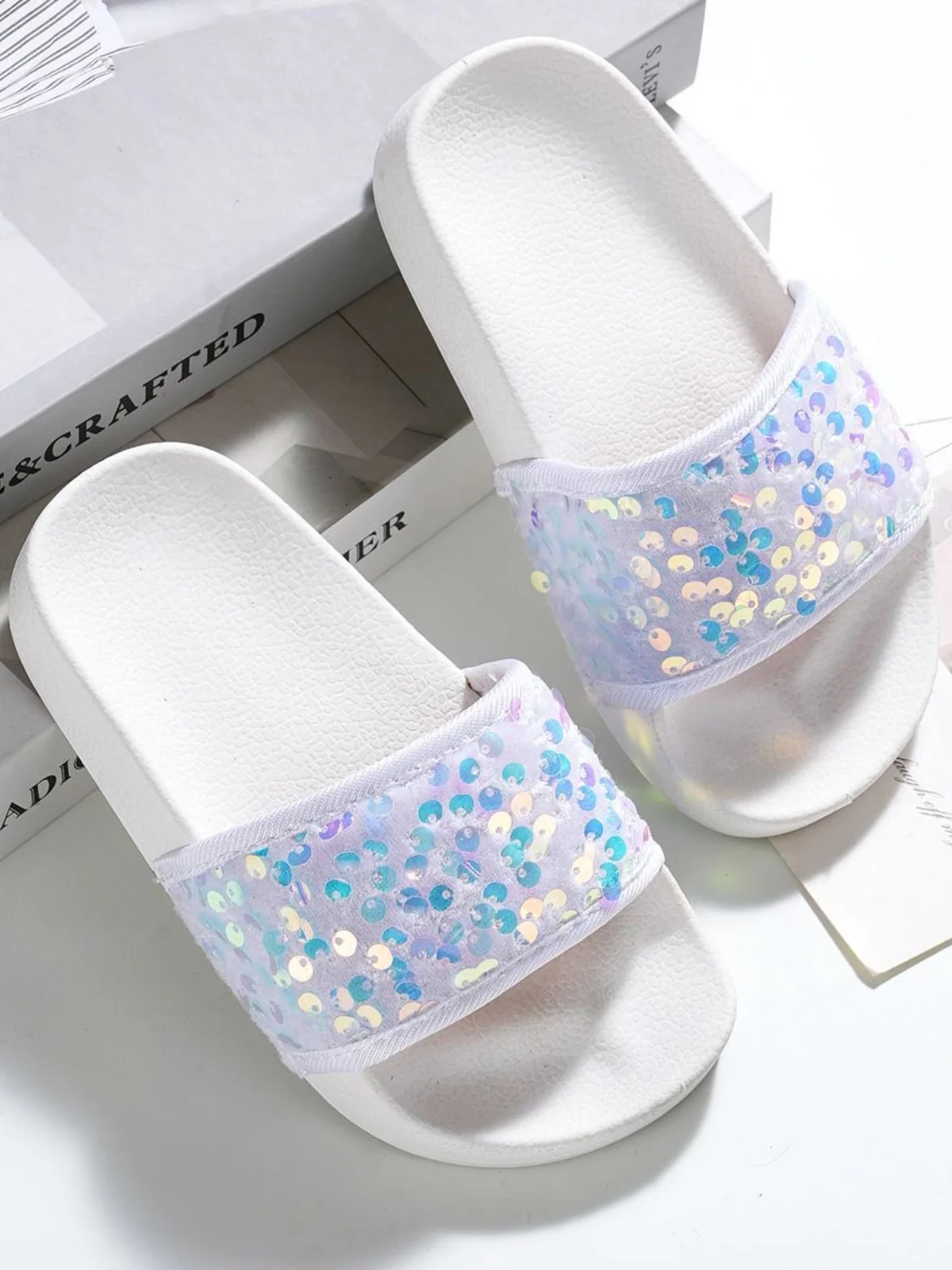 Seaside Sparkle White Sequin Slides by MB Shoes - Image 4