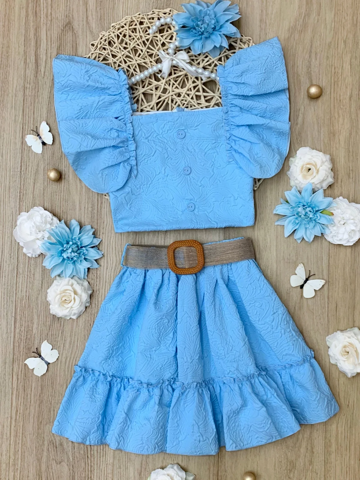 Sky Blue Ruffle Sleeve Belted Skirt Set - Image 4