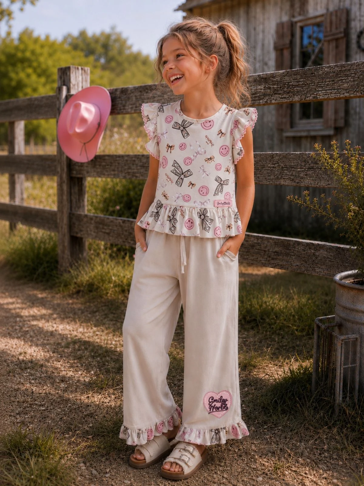 SmileyWorld Bow Print Peplum Top & Wide Leg Pant Set - Image 4