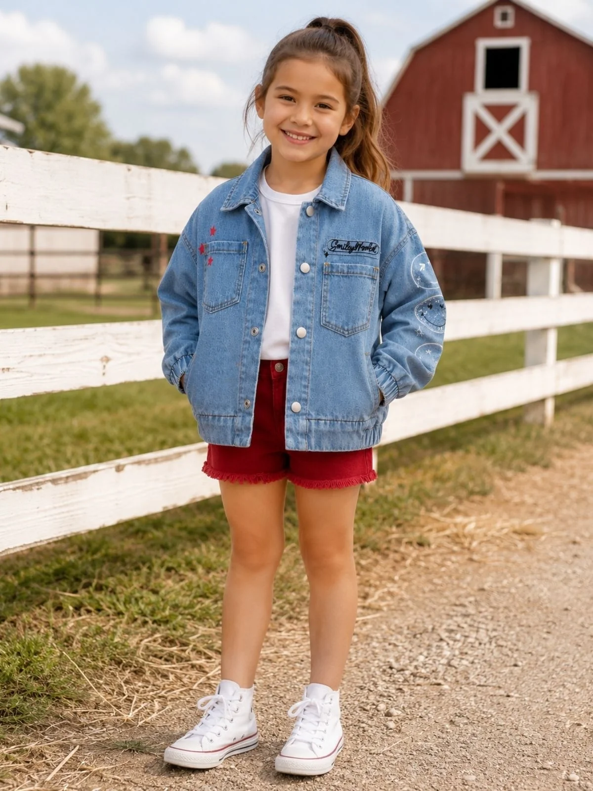 SmileyWorld Glitter Patch Denim Bomber Jacket - Image 4