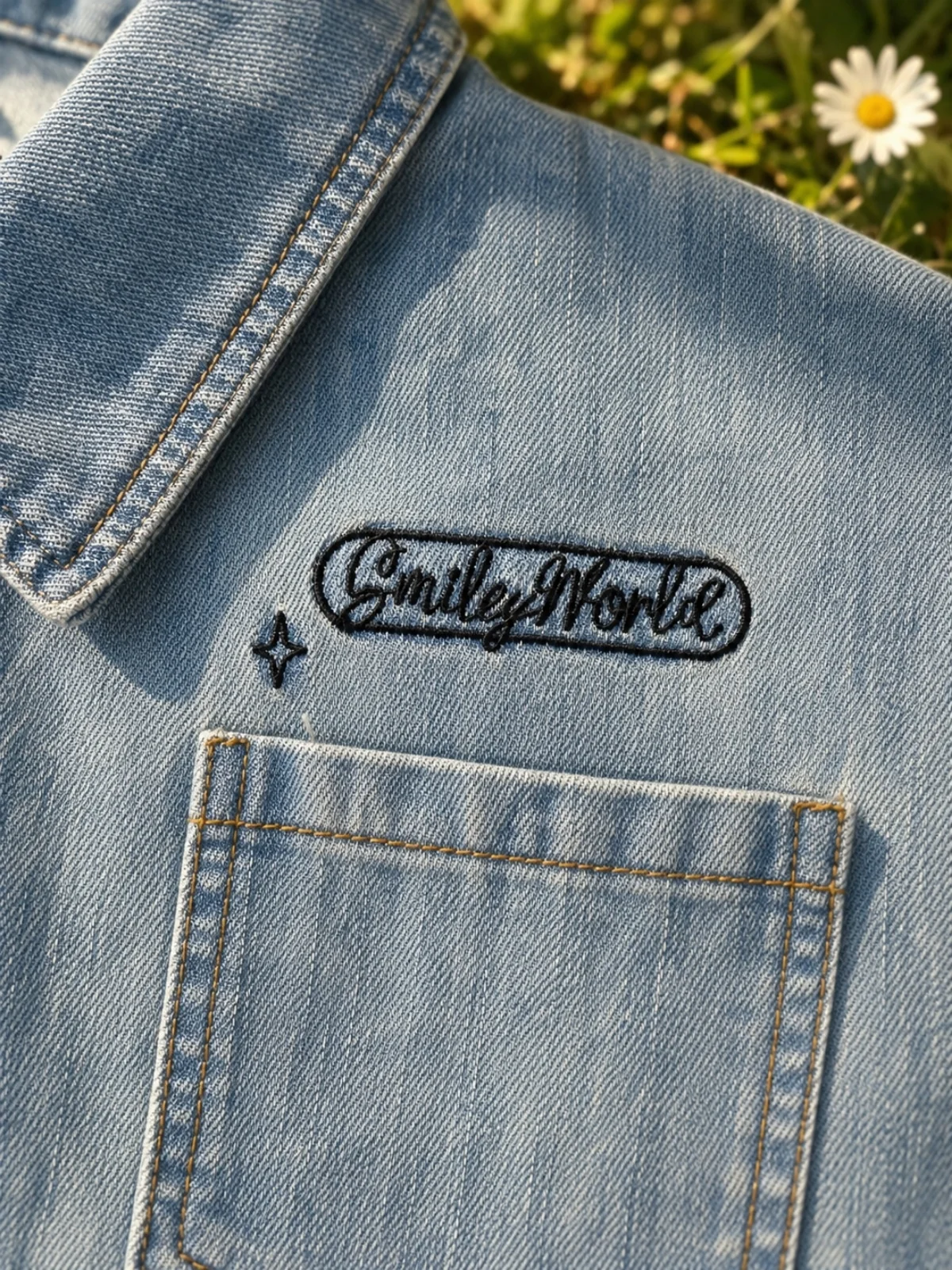 SmileyWorld Glitter Patch Denim Bomber Jacket - Image 6