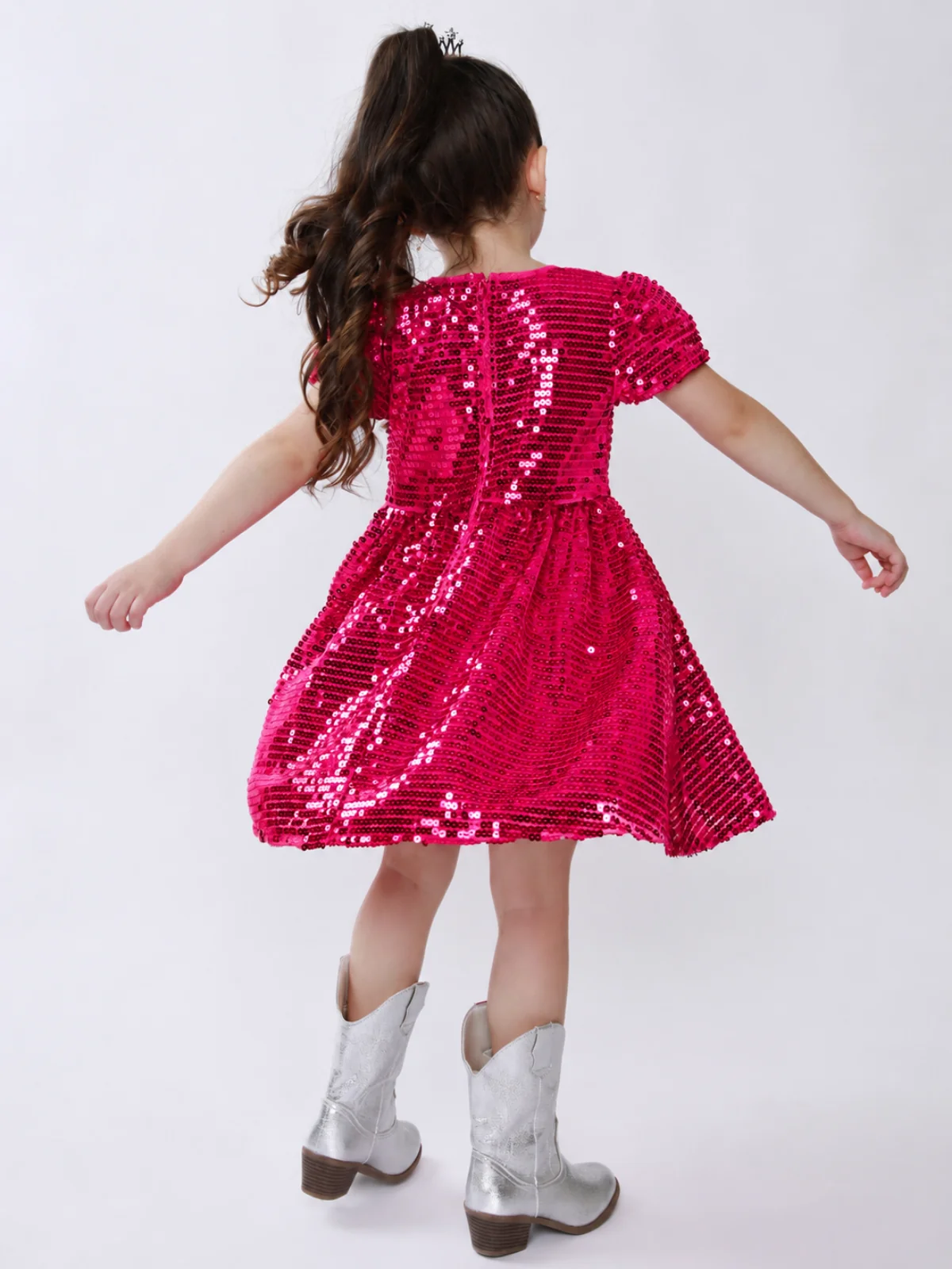 Sparkle Twirl Pink Sequin Puff Sleeve Dress - Image 3
