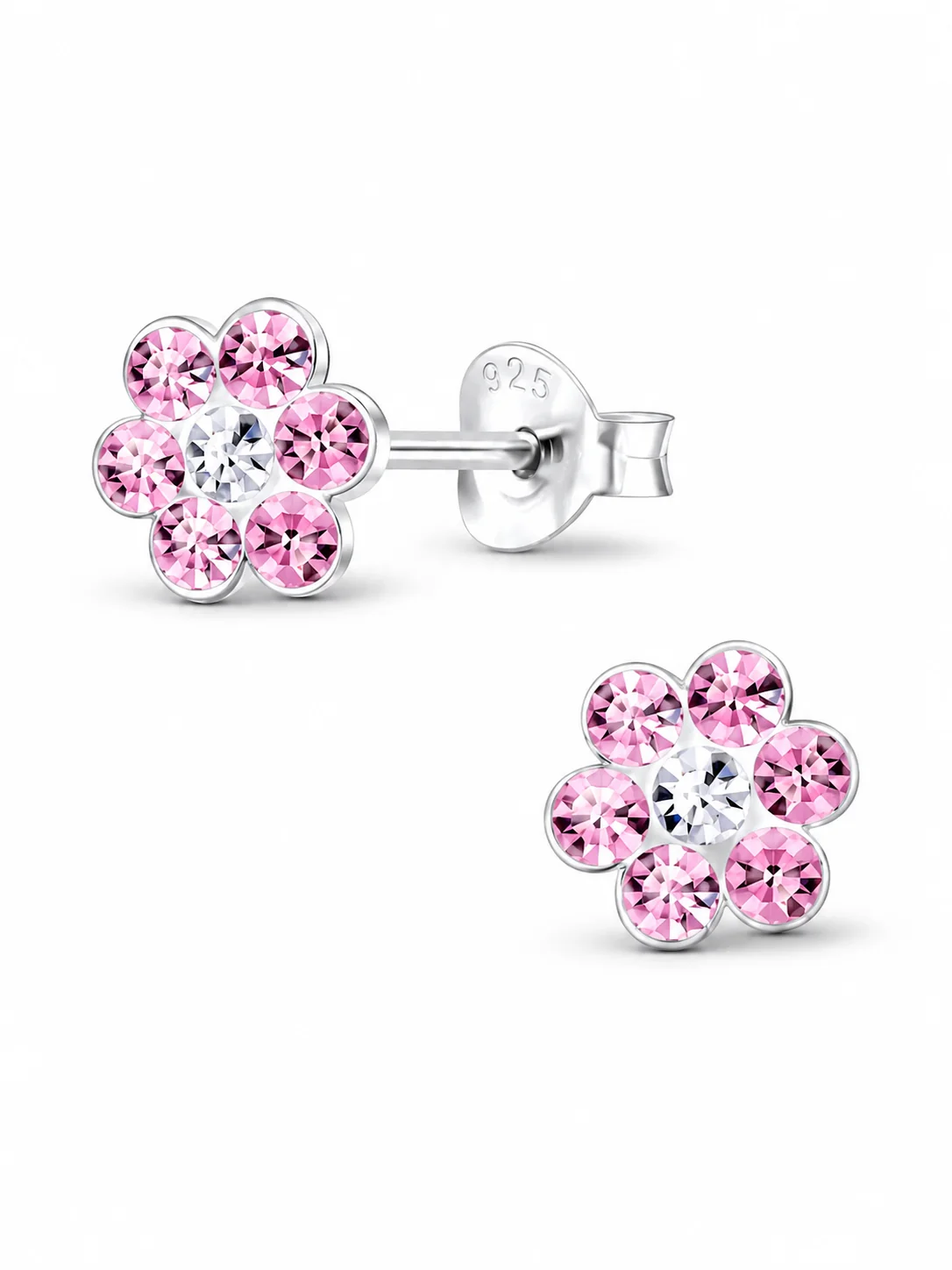 Sterling Silver Stud Earrings Crystal Pink Flower