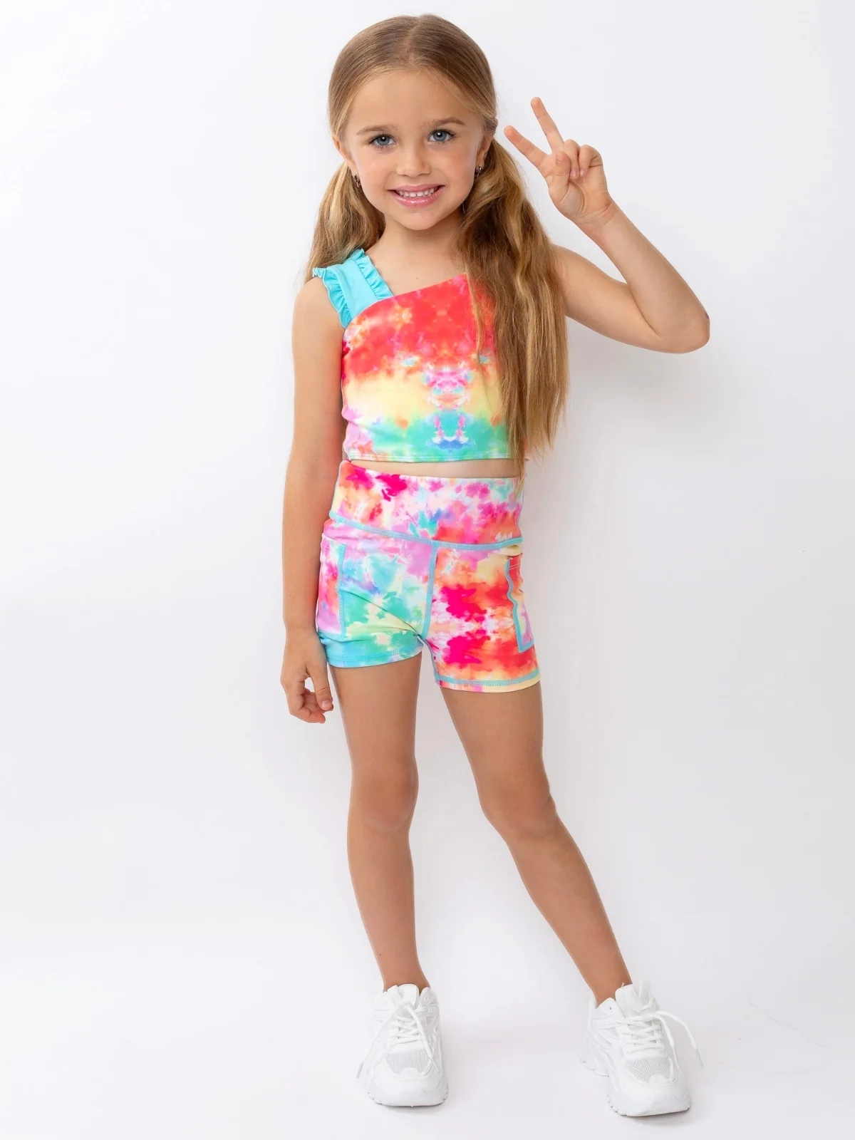 Sunburst Tie-Dye Top, Shorts, & Leggings 3-Piece Active Set - Image 2
