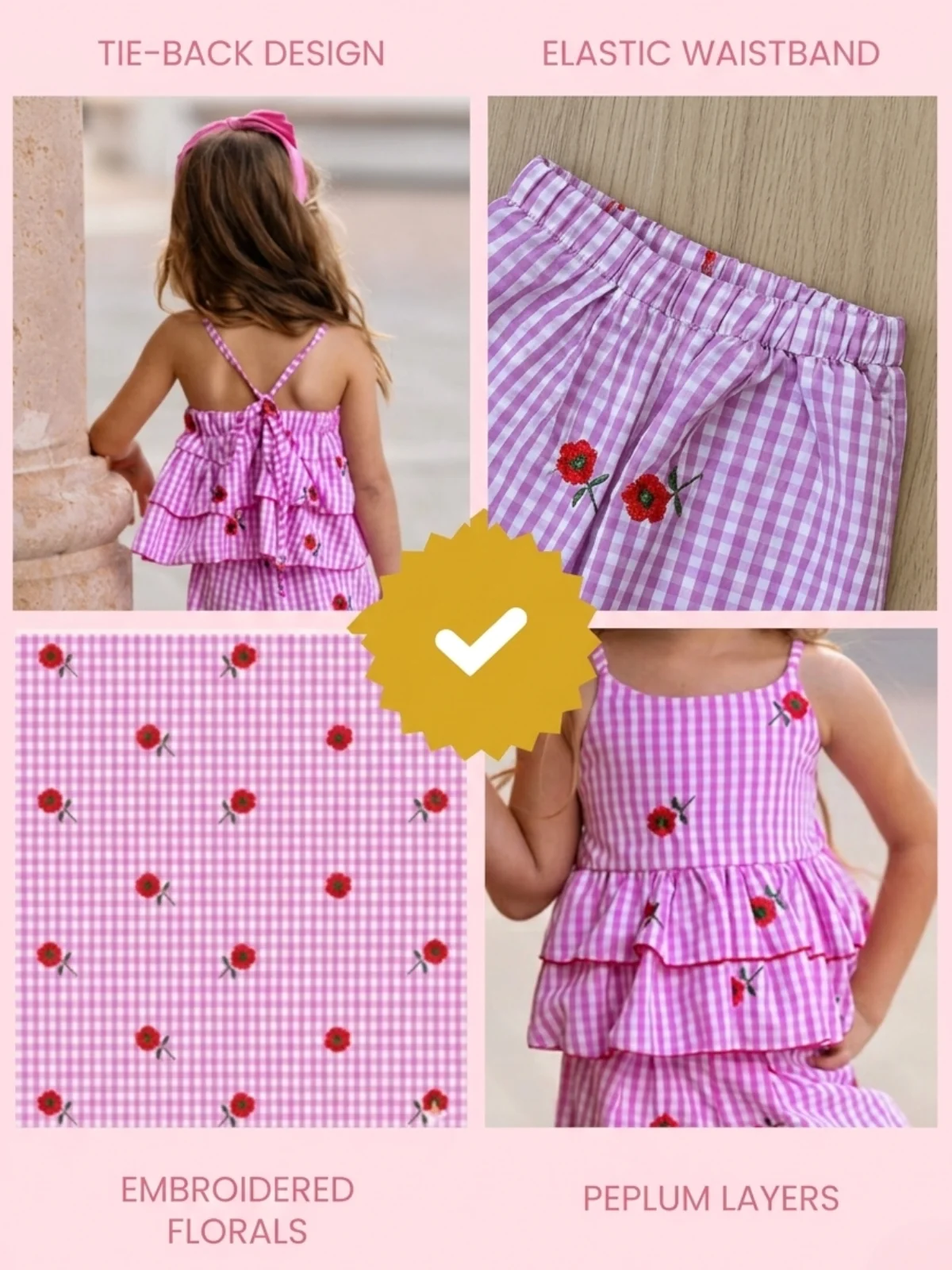 Sweet Bloom Gingham Embroidered Peplum Top and Pants Set - Image 2