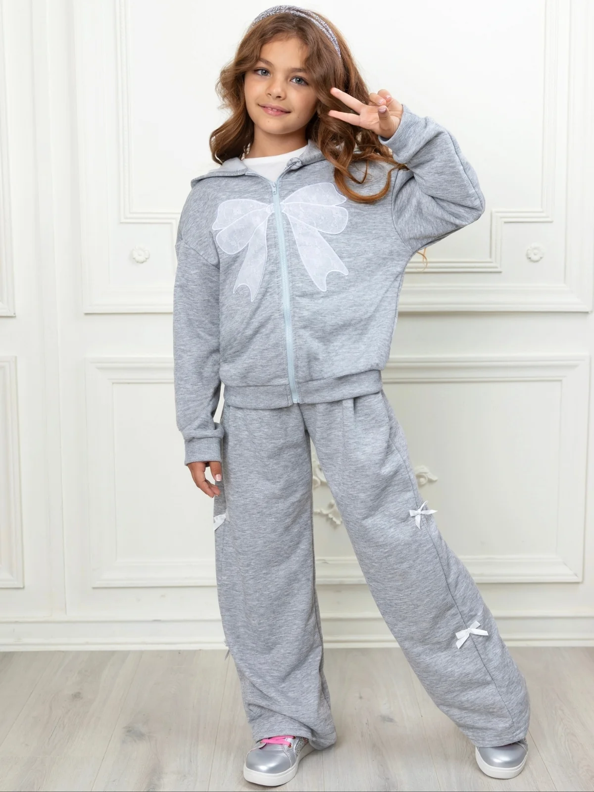 Sweet Bow Zip Hooded Jacket and Wide Leg Pant Set - Image 4