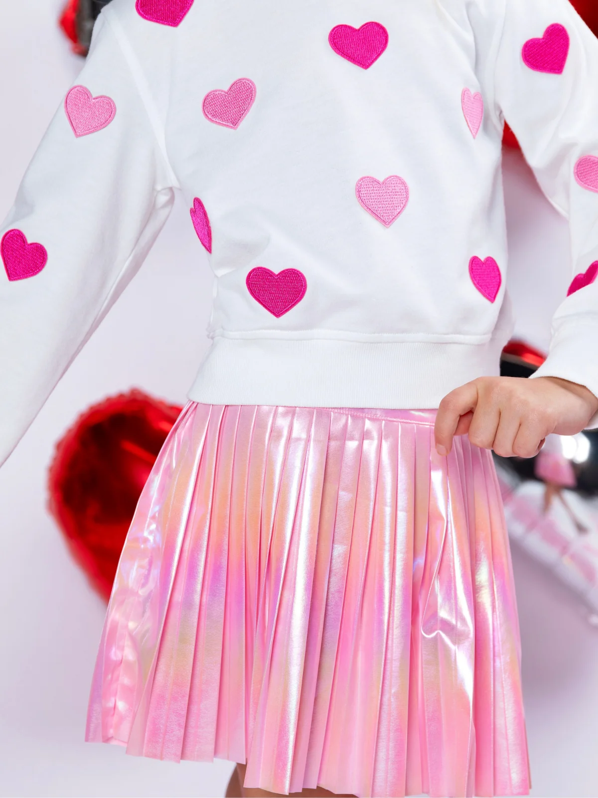 Sweet Heart Embroidered Top & Metallic Skirt Valentine’s Day Outfit - Image 2