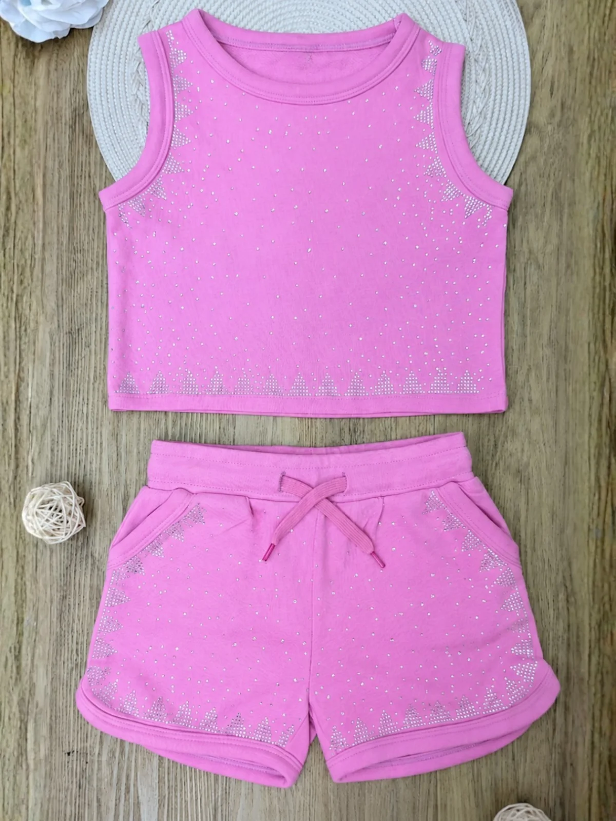 Sweet Bejeweled Pink Tank Top and Short Set - Image 2