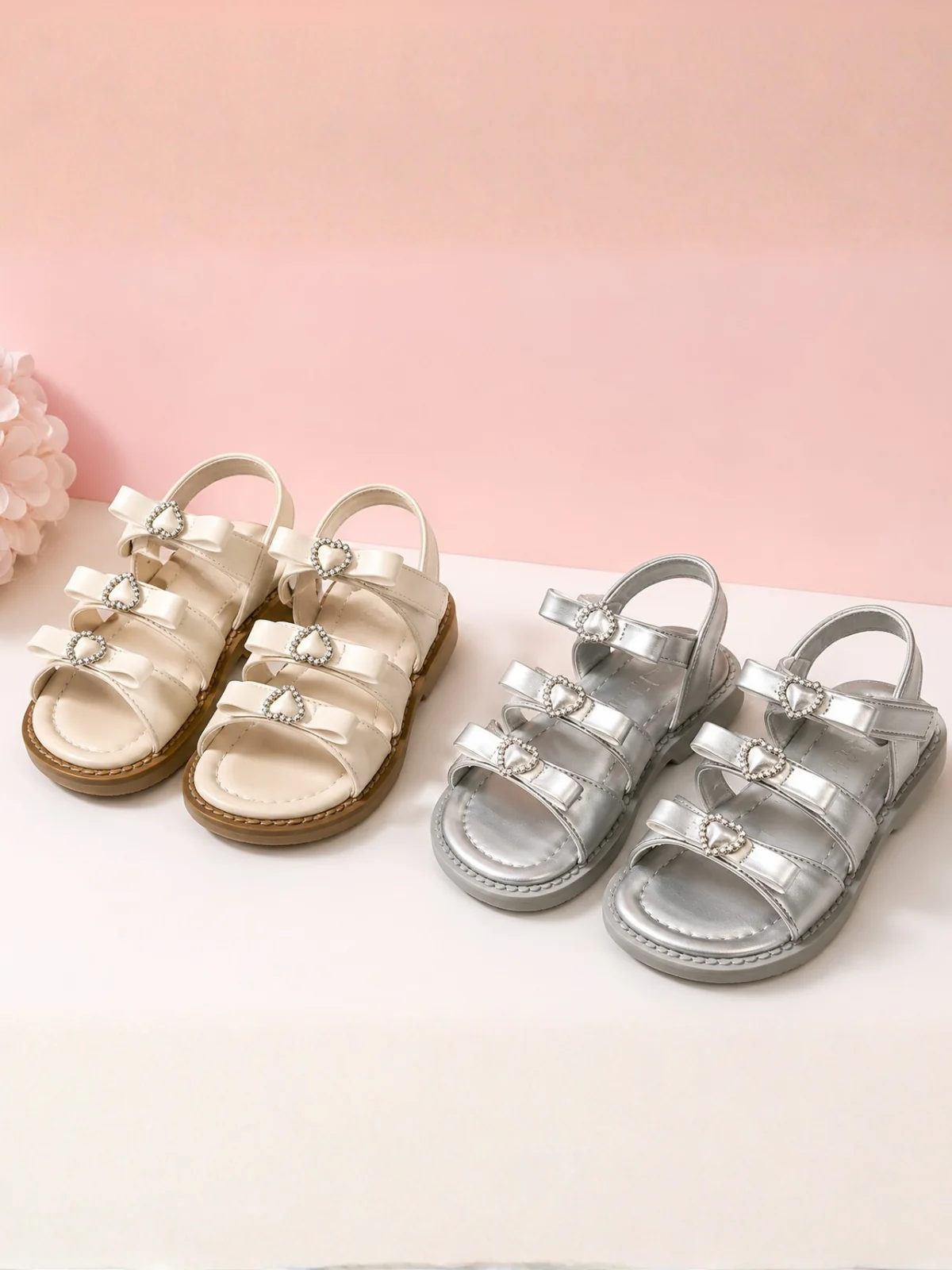 Sweetheart Rhinestone Bow Triple Strap Sandals