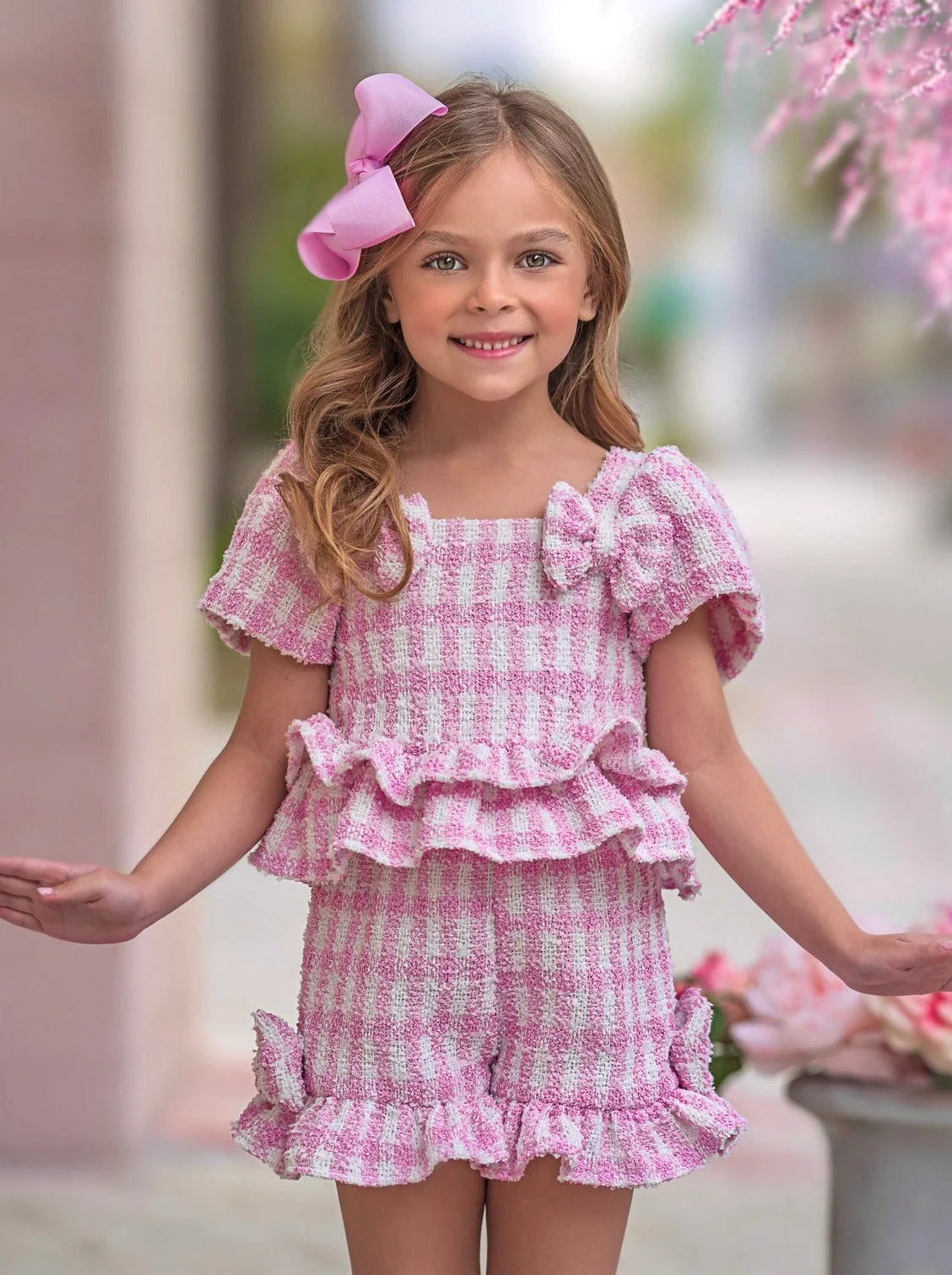 Pink Gingham Boucle Top and Short Set