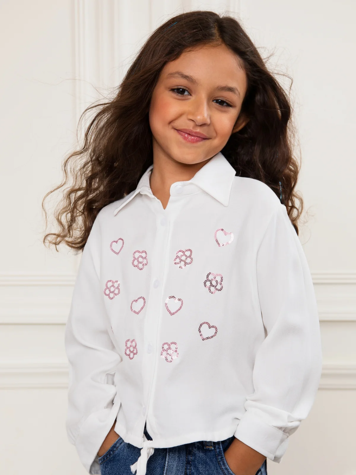 White Sequined Luxe Relaxed Fit Button-Up Top