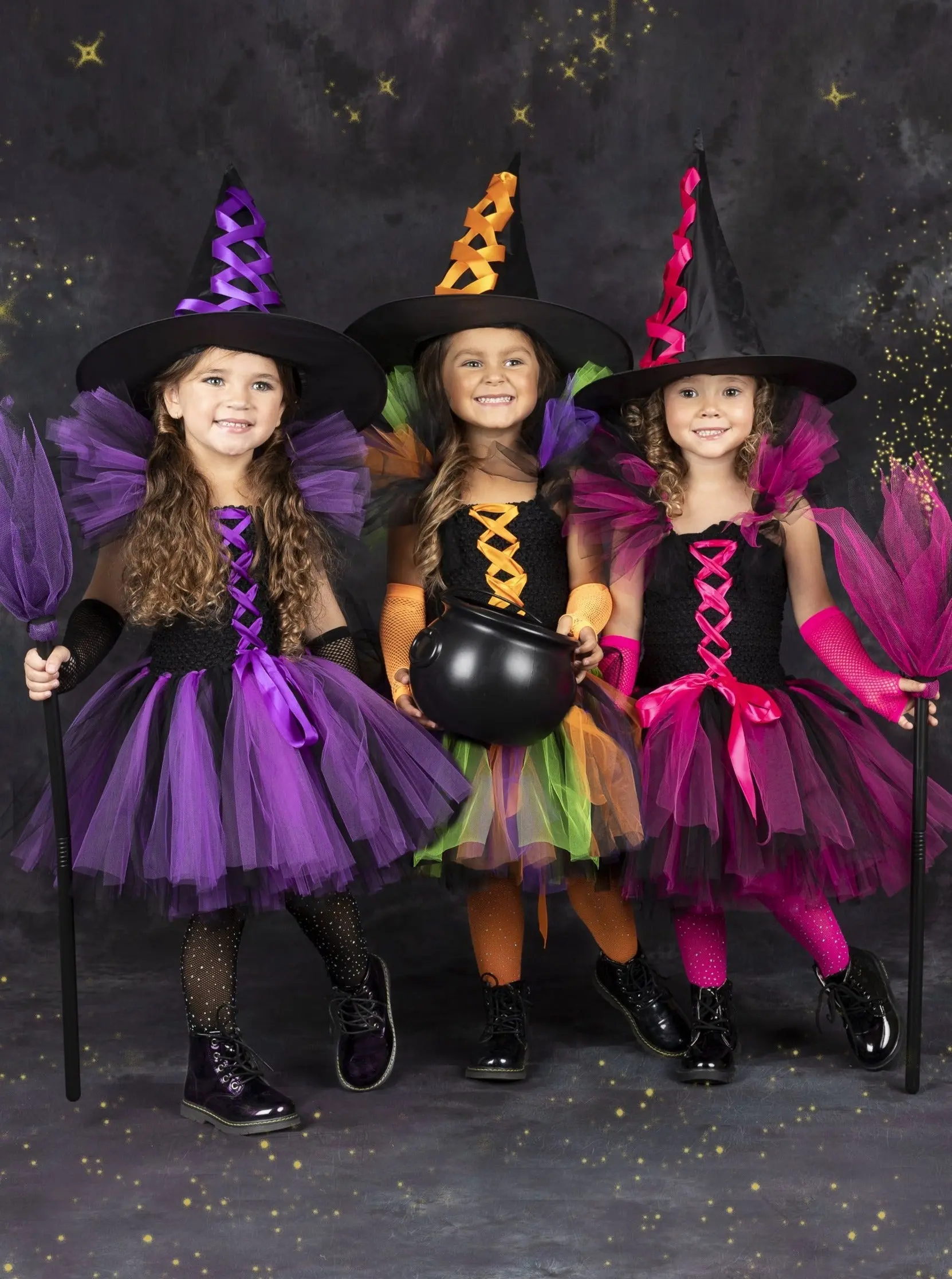Girls Deluxe Witch Trio Tutu Costume Dress with Hat